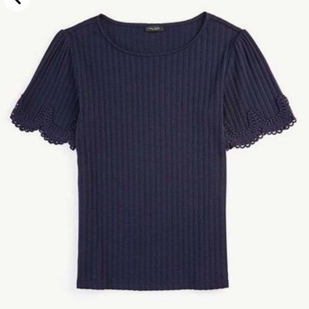 Ann Taylor Short Sleeve Pointelle Trim Top - M, Navy